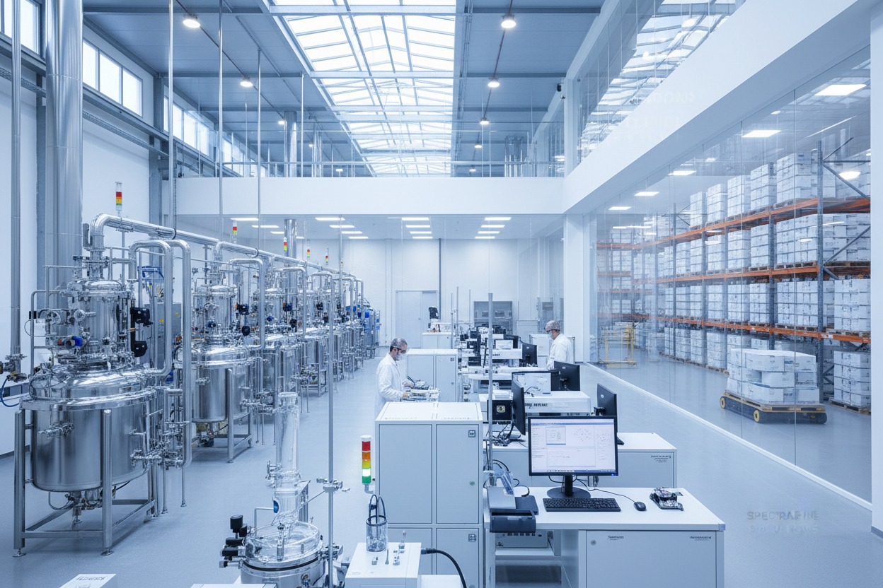 Scientists in lab coats work at computer stations in a modern, sterile manufacturing facility featuring stainless steel processing equipment and a large glass-walled warehouse.